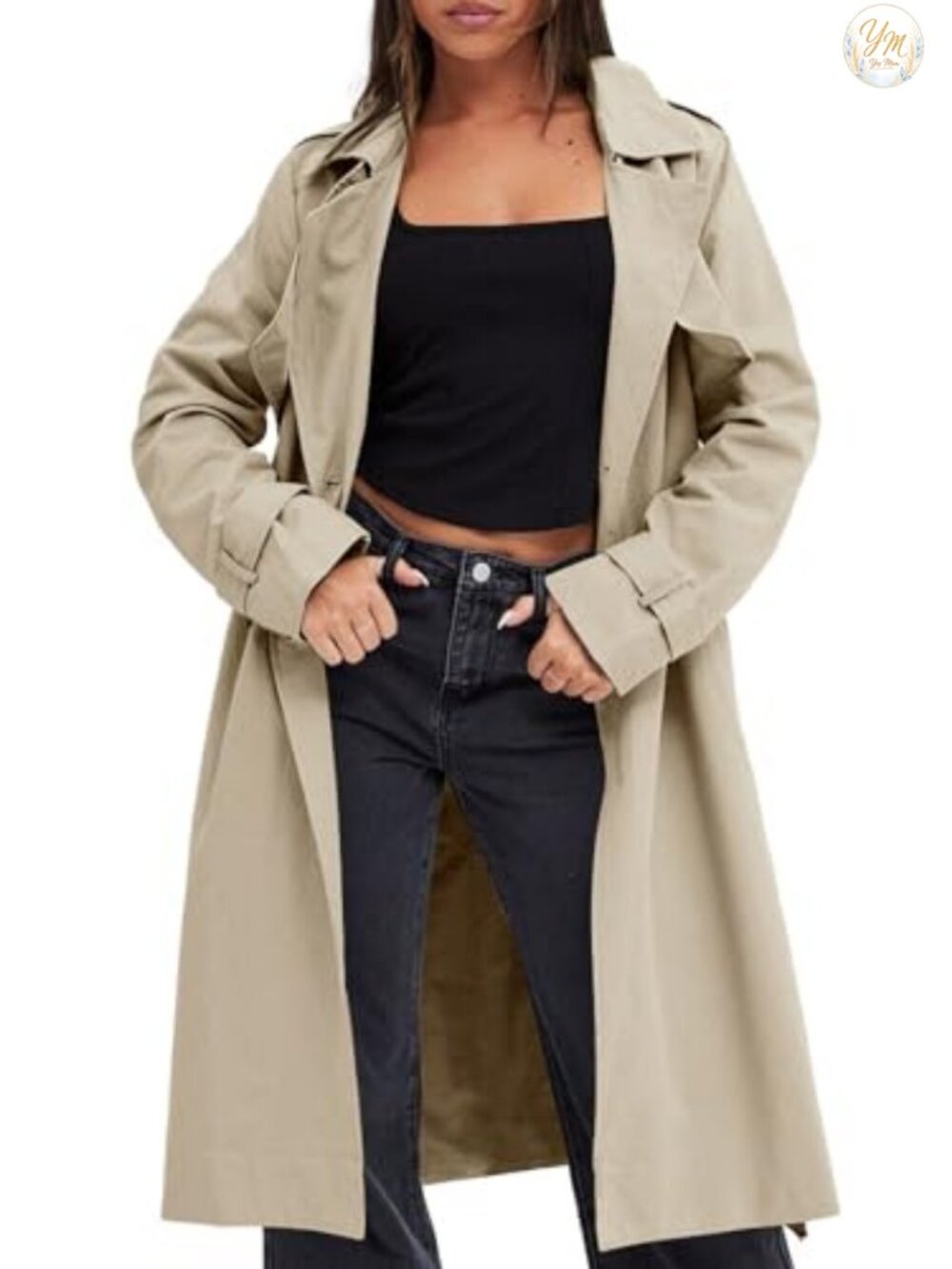 Women's Double Breasted Trench Coat Long Lapel Overcoat with Belt